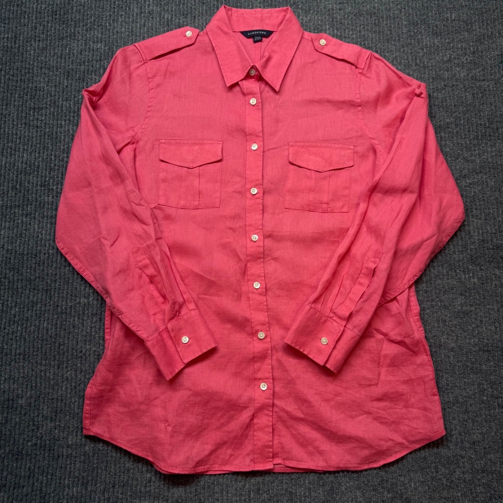 Lands' End Womens Medium 10-12 Pink 100% Linen Utility Button‎ Down Shirt